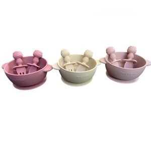 Set Of 3 Silicone Suction Pink Panda Ear Bowls,  Spoons, Forks
